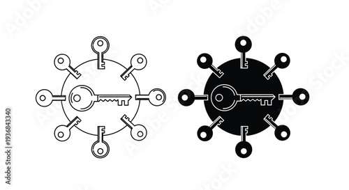 Vector graphic illustration depicting multiple keys radiating from a central circular hub symbolizing access connection security or network structure