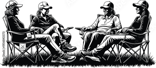 Friends sitting on camping chairs outdoors, casual conversation and relaxation lifestyle illustration in black and white style