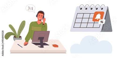 Customer service, scheduling, time management, appointments, business reminders, helpdesk. A man wearing a headset at his desk with a calendar and reminder icon. Customer service and scheduling