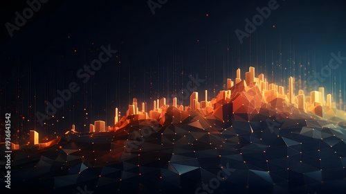 A futuristic cityscape at night with a dark blue and orange color scheme and a geometric pattern