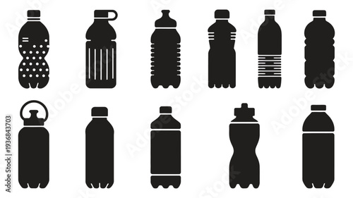 Set of PET bottle silhouette icons, a simple hand-drawn illustration of a plastic container for water, liquids, and oil, black vector pictogram