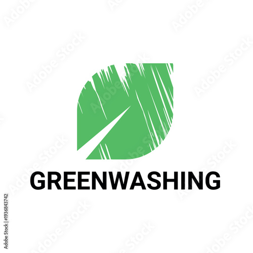 A green, textured leaf icon and GREENWASHING word. The concept of disinformation of corporations, green marketing, non-transparent way, environmental responsibility and environmental pollution. 