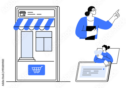 E-commerce concept. E-commerce with a digital storefront, business planning through management and customer engagement online. E-commerce transforms traditional buying and selling. Useful for online