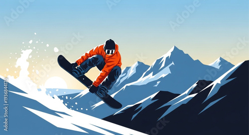 Snowboarder Performing Jump on Snowy Mountain Slope.