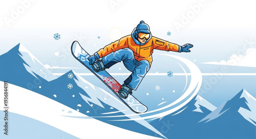 Snowboarding Athlete Performing Tricks on Snowy Mountain Slope.