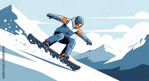 Skier Descending Snowy Mountain Slope in Action.