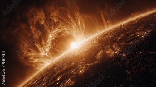 Radiant spherical light source rising over celestial body horizon