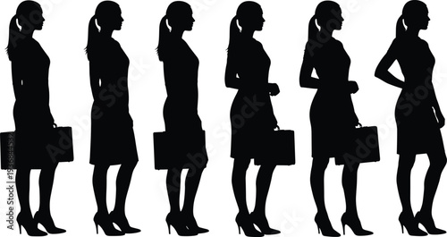 Black silhouette of a professional businesswoman standing in different poses holding a briefcase wearing high heels and a dress for office.
