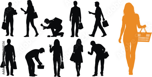 Black Silhouette People Shopping with Bags and Baskets Set Including One Orange Woman Figure Isolated on White for Retail Design