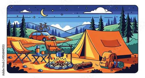Camping Tent with Outdoor Gear in Nature Scene.