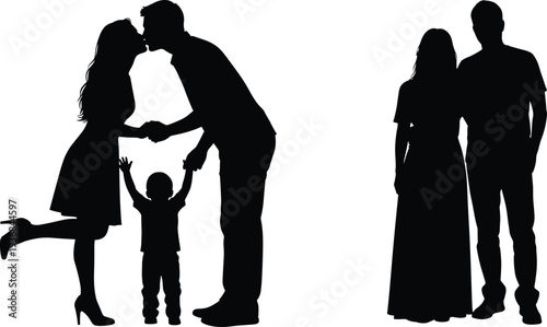 Black silhouette vector set of a happy family with a kissing couple holding hands with their child and a standing pair on white.