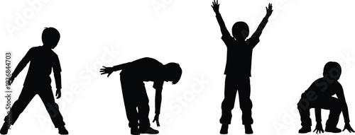 Black Silhouettes of a Young Boy Performing Physical Exercises Stretching and Squatting in Different Poses Over a Clean White Background Isolated