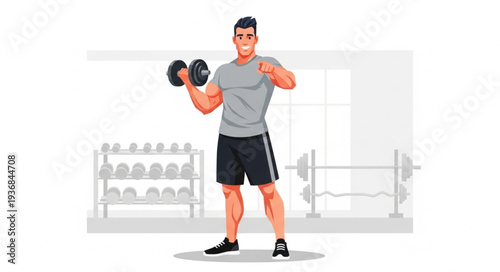 Young Man Lifting Dumbbell During Workout in Gym.