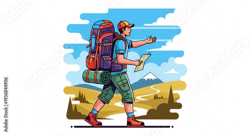 Hiker with Backpack Walking in Nature Landscape.