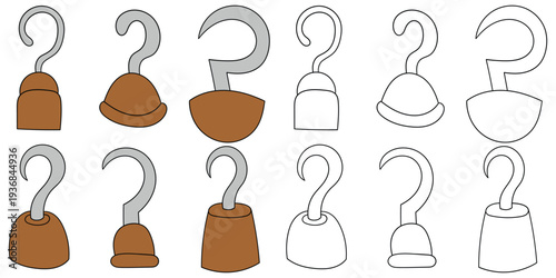 Hand-drawn cartoon and doodle set of pirate hooks on a white background.