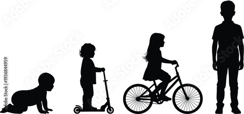Black Silhouettes Showing Development Stages of Children from a Crawling Baby to a Child Riding a Bicycle and Standing Boy