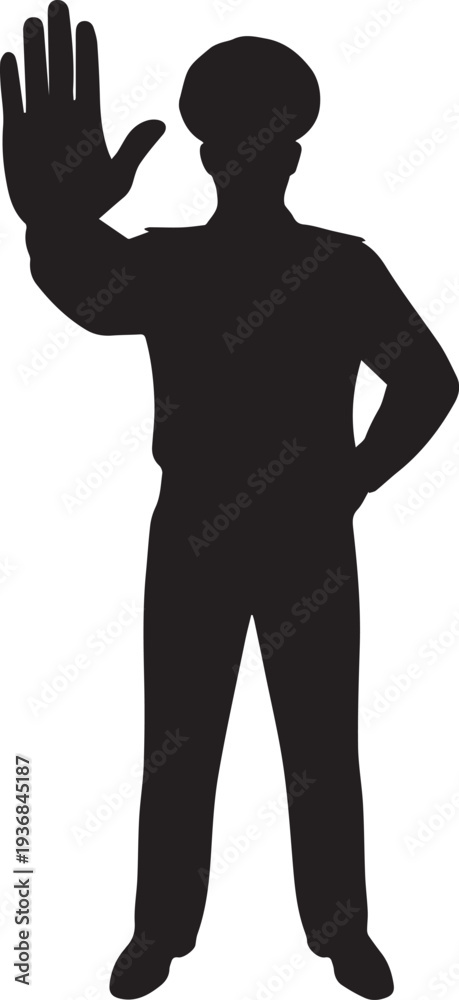 Fototapeta premium Security officer in uniform making stop hand gesture silhouette illustration clip art vector