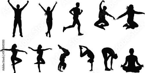 Collection of black silhouettes showing people jumping running practicing yoga and doing gymnastics exercises isolated on white background for sports design