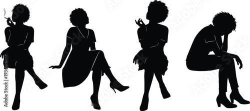 Collection of black vector silhouettes featuring a young African American woman sitting in various poses including working on a laptop smoking and resting isolated on white backgroun