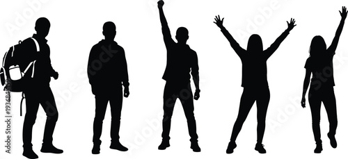 Collection of diverse people silhouettes including students with backpacks, successful individuals with raised arms celebrating victory