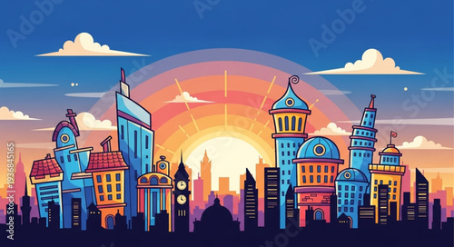 Colorful Cartoon City Skyline with Sunset Background.