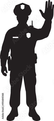 Police officer silhouette waving hand with radio and badge vector illustration