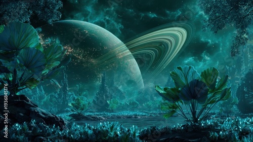 Moonlit alien landscape with ringed planet and glowing plants