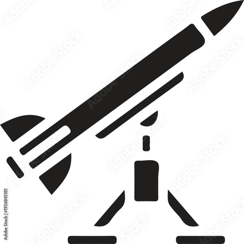 Simple black icon depicting a missile on a launchpad