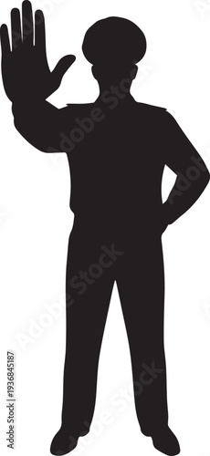 Security officer in uniform making stop hand gesture silhouette illustration clip art vector