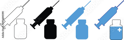 Syringe and Vaccine Vial Icon Set, Medical Injection and Medicine Bottle Vector