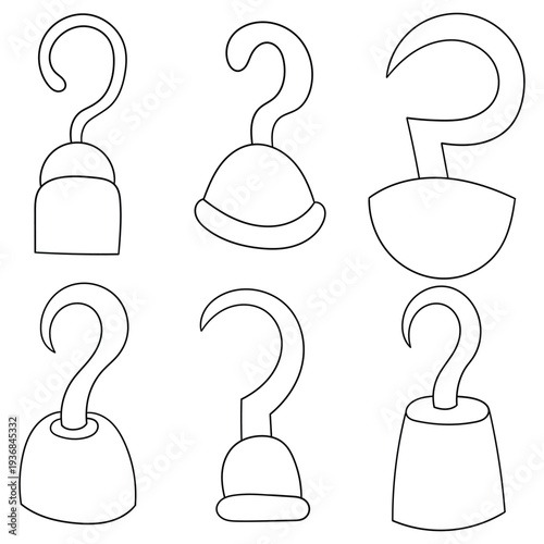 Hand-drawn doodle set of pirate hooks on a white background.