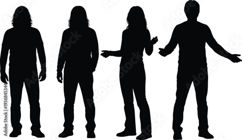 Collection of young adult silhouettes featuring various casual standing poses and active movements like squatting or waving for contemporary lifestyle and human interaction designs
