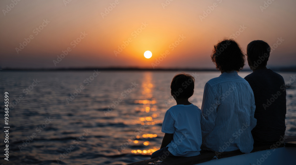 Fototapeta premium A family quietly enjoys a beautiful sunset together by the water, capturing the warmth of togetherness and the serene beauty of nature, creating cherished memories.