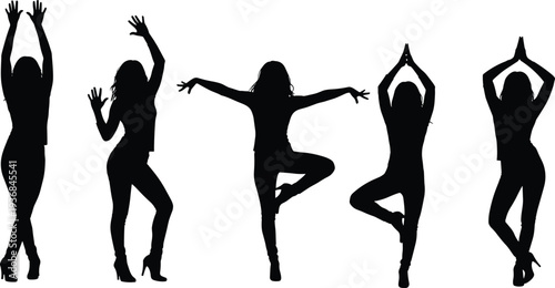 et of black silhouettes of elegant young women in dresses and high heels posing in expressive squatting positions isolated on white background