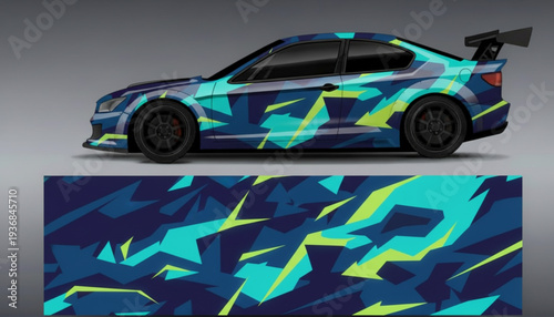 A sports car with a vibrant blue, teal, and lime green geometric camouflage wrap design.