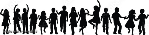 Large Group of Happy Children Silhouettes Dancing Jumping and Playing Together in a Row Isolated on White Background for Youthful Energy and Education Graphics