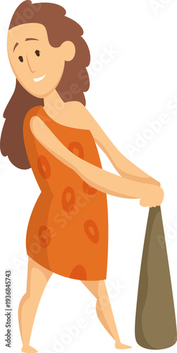 Prehistoric woman with wooden club. Cartoon primitive mascot