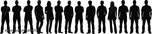 Large horizontal group of diverse men and women standing in casual and formal attire featuring silhouettes of people with arms crossed isolated on white background.