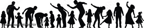 Large set of black silhouettes of happy families with parents and children dancing playing and having fun together on white background