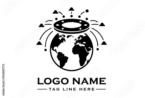 A black and white logo design featuring a stylized globe with a UFO hovering above it, surrounded by geometric shapes, conveying a sense of global reaction and diplomacy in a futuristic