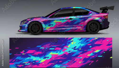 Dynamic sports car with a vibrant, abstract, and colorful glitch-effect vinyl wrap design displayed below.