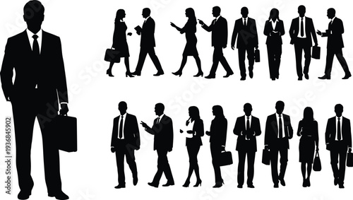 Professional business people silhouettes set featuring corporate men and women in suits walking talking and carrying briefcases for office teamwork concepts.
