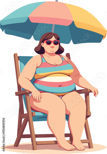 donna seduta su sedia al mare in spiaggia con ombrellone che prende il sole in costume da bagno vettoriale