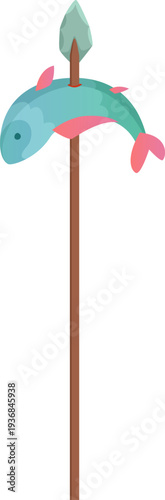 Fish on spear cartoon icon. Primitive hunt catch