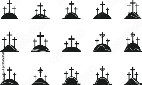 Collection of black silhouette Christian crosses on hillsides religion symbol faith