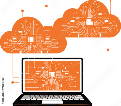 Cloud computing technology concept with laptop and digital circuit clouds, data storage, network connection and online server infrastructure illustration