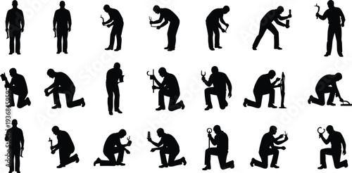Professional Handyman Silhouettes Set Featuring Workers Using Tools Kneeling and Standing for Construction Repair Maintenance and Manual Labor Industry Concept