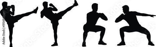 Professional Male Silhouettes Performing High Kicks Squats and Combat Martial Arts Poses Isolated on White Background for Fitness Strength and Athletic Training Design.