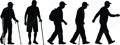 Set of active senior male silhouettes walking with canes and backpacks, showcasing elderly mobility, healthy aging, and outdoor lifestyle concepts