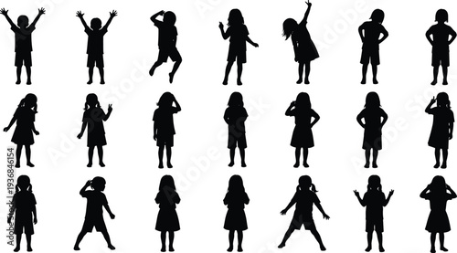 Set of black silhouettes featuring a little girl in a dress in various expressive stances on white background